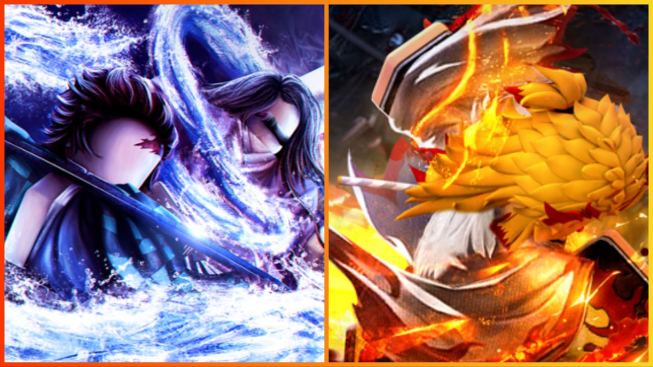 feature image for our demon slayer rpg 2 codes, the image features promo art for the game of roblox versions of characters from the demon slayer series, one is of tanjiro with his water breathing ability swirling around him as he holds a sword and the other is of rengoku holding his sword with flames swirling around him