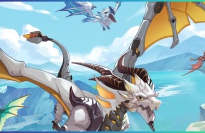 feature image for our dragon arise codes, the image features promo art for the game of dragons flying through the air, there are clouds in the sky, with a large body of water and mountains beneath the dragons