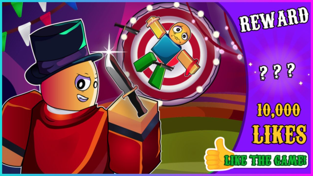 feature image for our frankie's funhouse codes, the image features a promo drawing for the game, with a roblox character ringmaster holding a knife while smirking at the viewer, he's wearing a top hat, there is also a roblox character pinned to a spinning wheel with knives in the board as he has a scared facial expression