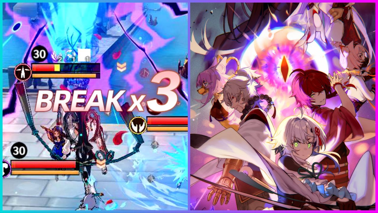 feature image for our grand quest codes, the image features official promo art for the game of anime characters facing different directions while wielding their weapons, there are glowing flames behind them and a floating diamond, there is also a screenshot of combat gameplay with the word "break" across the screen