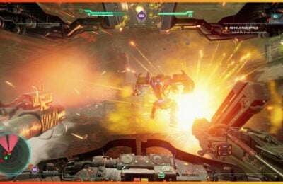 feature image for our hawken reborn tier list, the image features a mech suit taking part in explosive battle with other mech suits, there are sparks and flames flying around