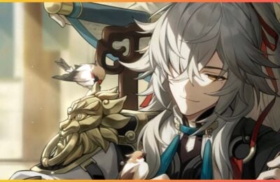 feature image for our honkai star rail jing yuan build, the image features promo art of the character as he rests his head in his hand with a bird on his shoulder, as he smiles at the bird