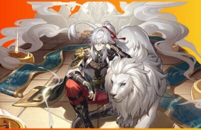 feature image for our honkai star rail jing yuan tier list, the image features official promo art of the character as he sits next to a lion on the floor