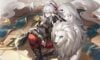 The featured image for our Honkai: Star Rail Warp Trotter locations guide, featuring a character from the game sitting on the floor next to a white/grey lion.