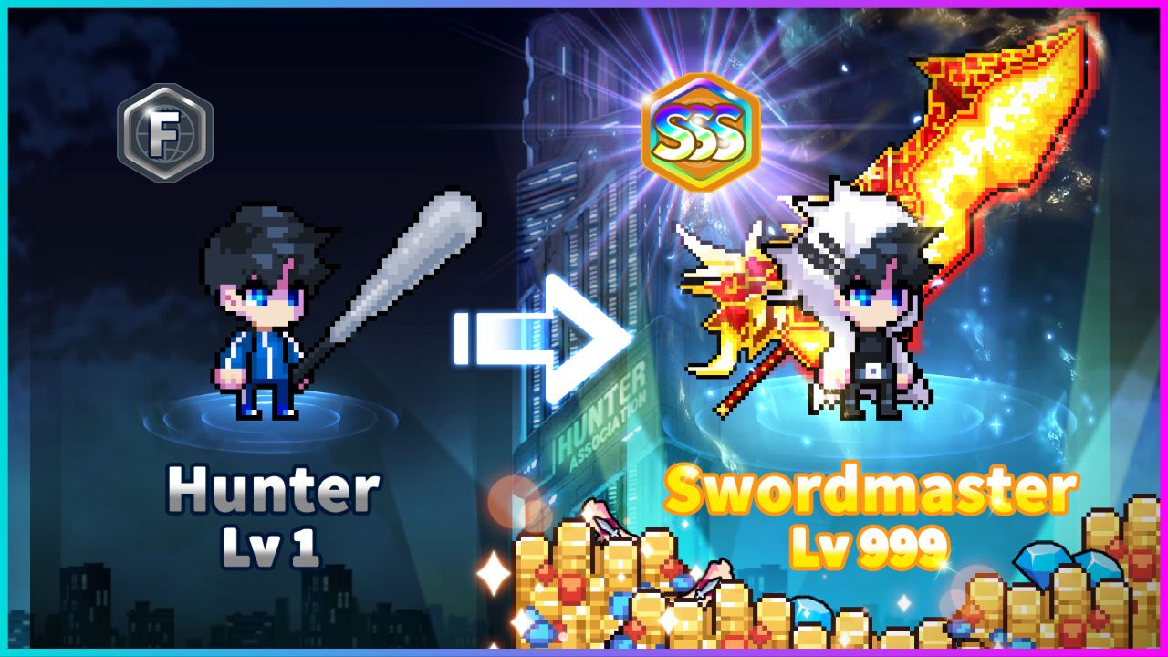 feature image for our hunter raid codes, the image features promo art for the game of a pixel character holding a sword labelled as "hunter level 1" and then pixel art of the same character wearing a huge sword with flames labelled as "swordmaster level 999" as he is surrounded by jewels and treasure