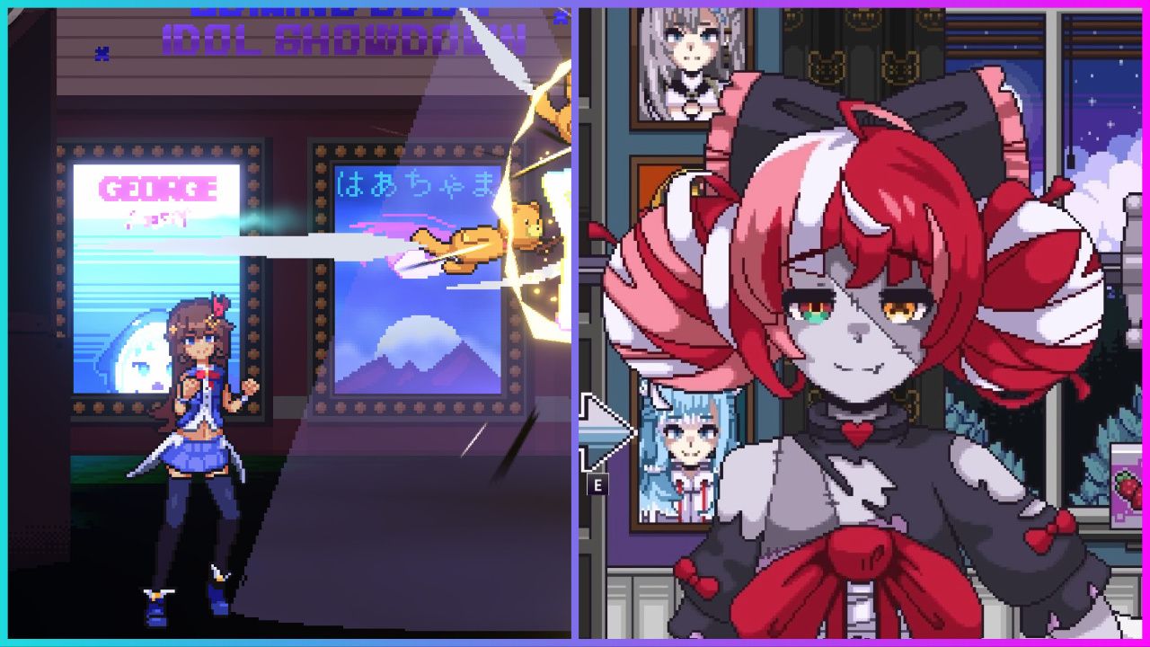 feature image for our idol showdown combos guide, the image features pixel art of a hololive member kureiji as well as a screenshot of combat between kurone and sora while kurone is being attacked while in the air