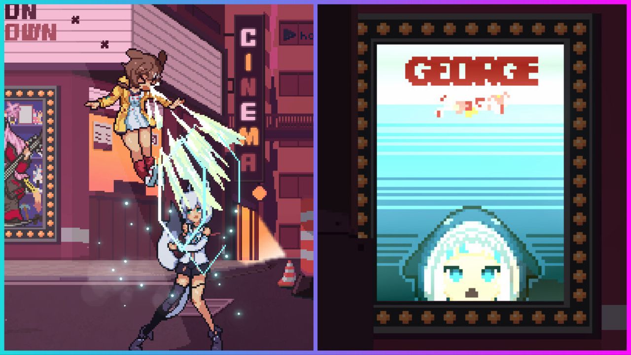 feature image for our idol showdown tier list, the image featurs a promo screenshot from them of korone getting punched into the air by fubuki, there is also a close up of a movie poster that resembles the jaws movie, but with gawr gura as the shark instead and the movie title is "george" instead of jaws