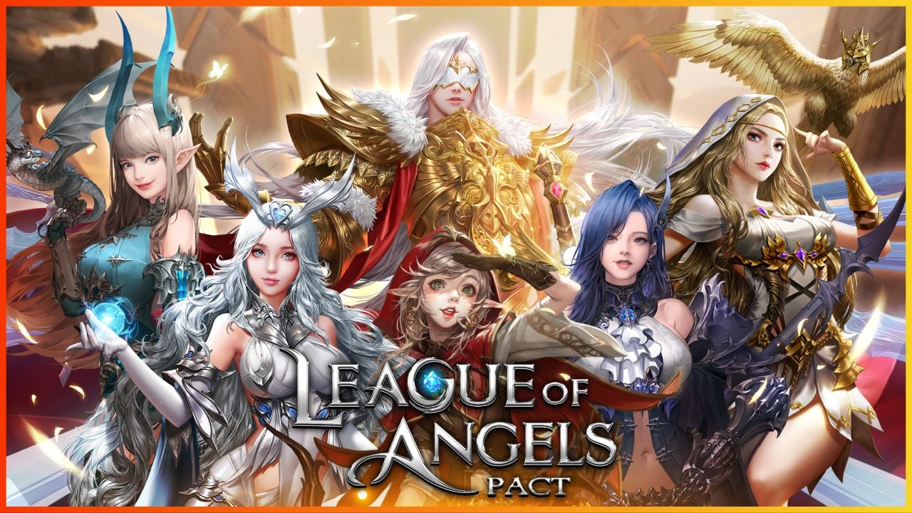 feature image for our league of angels pact codes, the image features drawings of some of the characters from the game as they wear armor, there is a small dragon next to one of the characters, and a large bird wearing a headpiece on the other side, the game's logo is also in the centre of the image