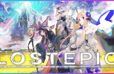 feature image for our lost epic review, the image features official promo art for the game with some of the main characters standing in a line, as their capes and ribbons float in the wind, with a pointy mountain behind them in the distance, as well as the game's logo at the bottom