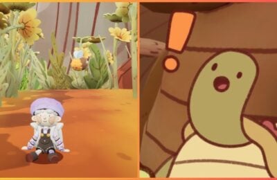 feature image for our mail time review, the image features a screenshot from the game of a character wearing a mushroom hat while sitting down on the ground surrounded by plants and flowers, there is also a screenshot of the character shelby the tortoise shelby who has a surprised expression on their face with a large exclamation mark next to their head