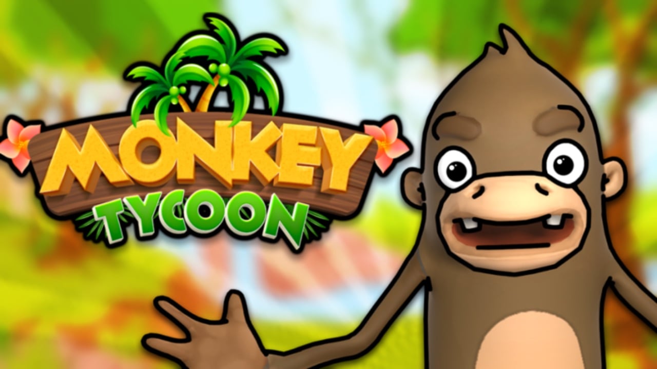 The featured image for our Monkey Tycoon codes guide, featuring a cartoon monkey from the game looking and smiling at the camera, standing in a jungle next to the game's title card.