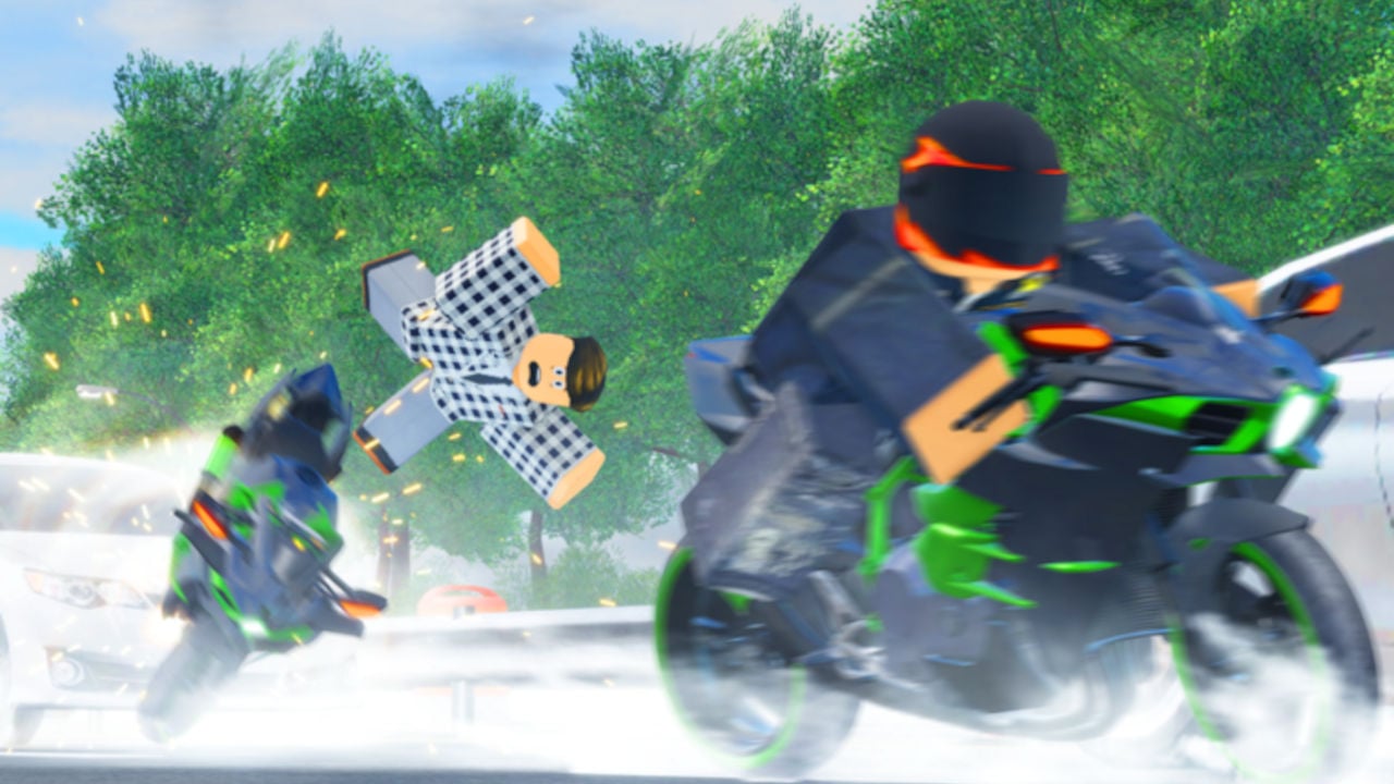A Motorcycle Mayhem character riding their bike.