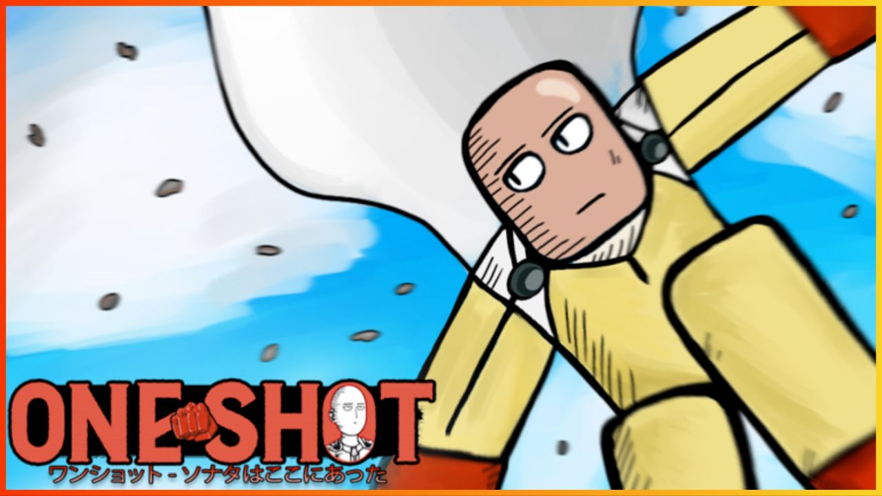 feature image for our one shot codes, the image features promo art for the game of a roblox version of saitama from the one punch man series wearing his costume with his cape flying in the breeze, the game's logo is in the bottom left corner with a drawing of a fist and a small image of saitama from the one punch man manga