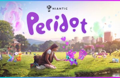 feature image for our peridot egg ray guide, the image features an official promo photo for the game, with people sat in a park on the grass as peridot's wander around, there is a woman at the front of the image holding her hand out towards a peridot, there is a cityscape in the background, with the game's logo placed over the sky