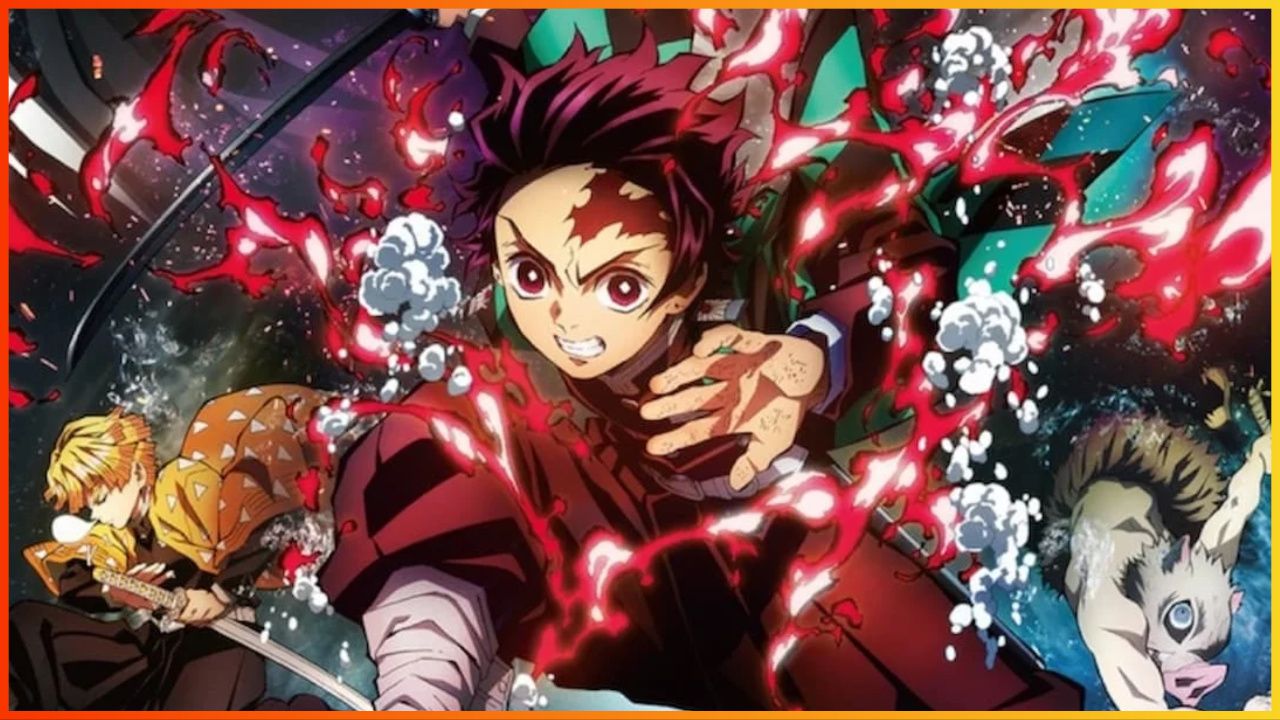 feature image for our rage of the demon king tier list, the image features official art from the demon slayer series, including tanjiro, inosuke, and zenitsu as their breathing techniques float around them