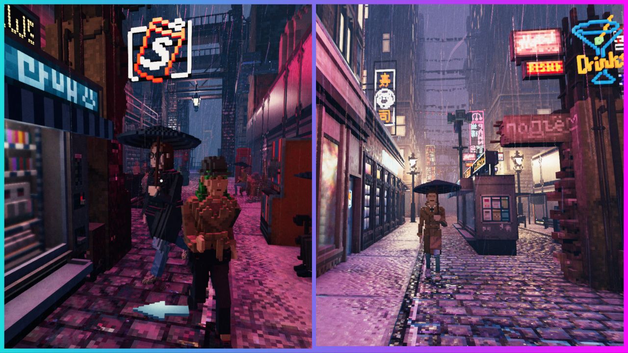 feature image for our shadows of doubt tips guide, the image features promo screenshots from the game of the city that is lit up by street lights and neon signs, there are residents walking around as they go about their daily routine, there is a shop with a neon sign above it, while residents hold up their umbrellas to keep dry from the rain