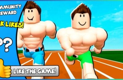 feature image for our speed run race codes, the image features two shirtless roblox characters with muscles sprinting alongside each other on a racing track, there is also a thumbs up emoji with the text "like the game"