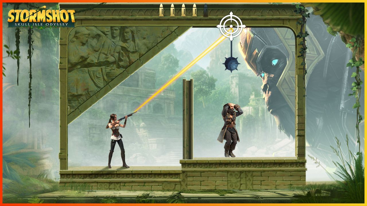 feature image for our stormshot tier list, the image features an official promo screenshot of the game of a character aiming a gun towards a spiked metal ball that is suspended from a structure, with a man with a beard standing underneath as he clutches his head