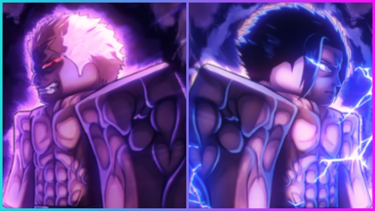 feature image for our tatakai remastered tier list, the image features official promo art of two roblox characters with extremely strong muscles as they face the opposite way from each other, they both having glowing eyes and an angry expression on their faces, as one glows purple and the other has blue electric sparking around him