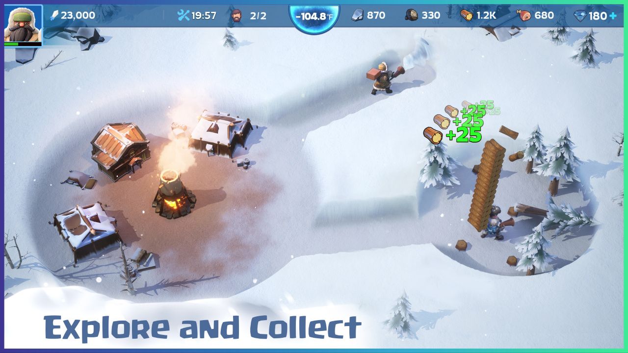 feature image for our whiteout survival best heroes guide, the image features a promo screenshot for the game of a campsite surrounded by snow as characters shovel the deep snow away, and another character is chopping down trees and carrying piles of logs, there is also some text that reads "explore and collect"