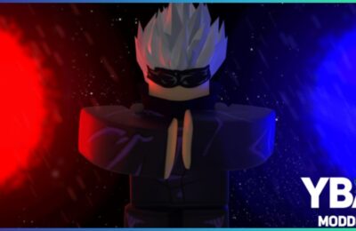 feature image for our YBA NU codes, the image features a roblox version of the character gojo from jujutsu kaisen as he puts his hands together, the game's logo is at the bottom