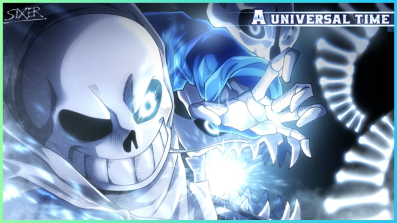 feature image for our a universal time asgore guide, the image features a drawing of sans from undertale smirking and summoning a bright orb with his hand as it glows
