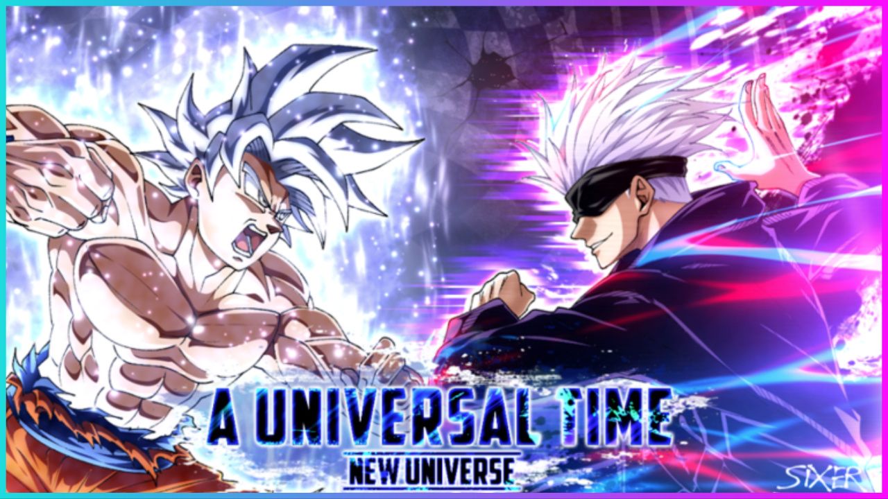 feature image for our a universal time codes, the image features promo art for the game of a drawing of goku and satoru gojo approaching each other as if they're about to battle each other, the game's logo is at the bottom