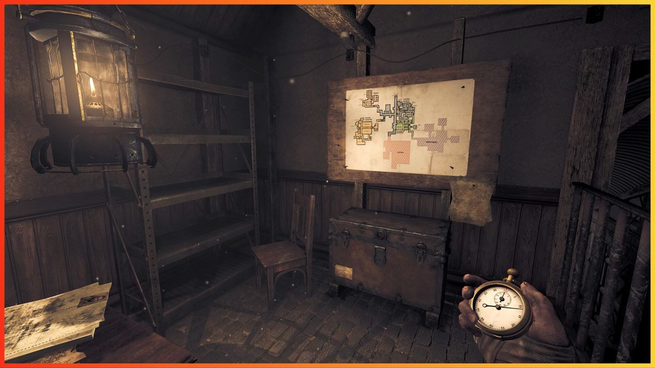 feature image for our amnesia: the bunker codes guide, the image features a screenshot from the game of a room with a lit lantern, a map on the wall of the bunker, a closed chest, a chair, metal shelves that are empty and the main characters hand holding a pocket watch