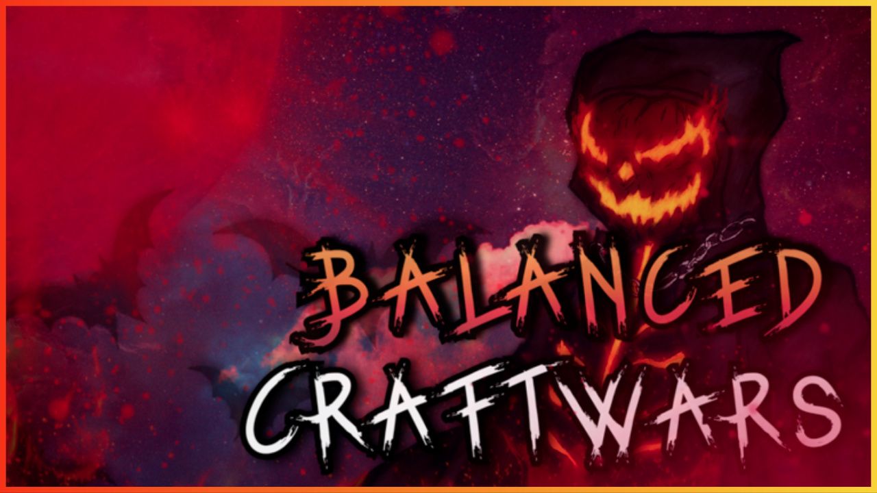 feature image for our balanced craftwars overhaul codes, the image features promo art for the game of a character with a carved pumpkin head that is glowing with fire, there are bats flying around, the game's logo is also on top of the pumpkin head character