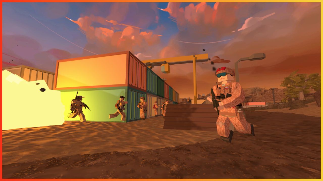 feature image for our battlebit remastered codes, the image features a screenshot from the game of low-poly soldiers walking around a base with metal storage units as they hold guns