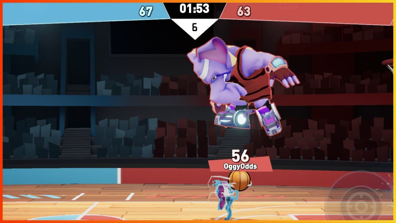 feature image for our beast league tier list, the image features a screenshot of gameplay as two characters take part in a basketball game, there is an elephant jumping into the air looking down at their opponent on the ground who is holding the basketball