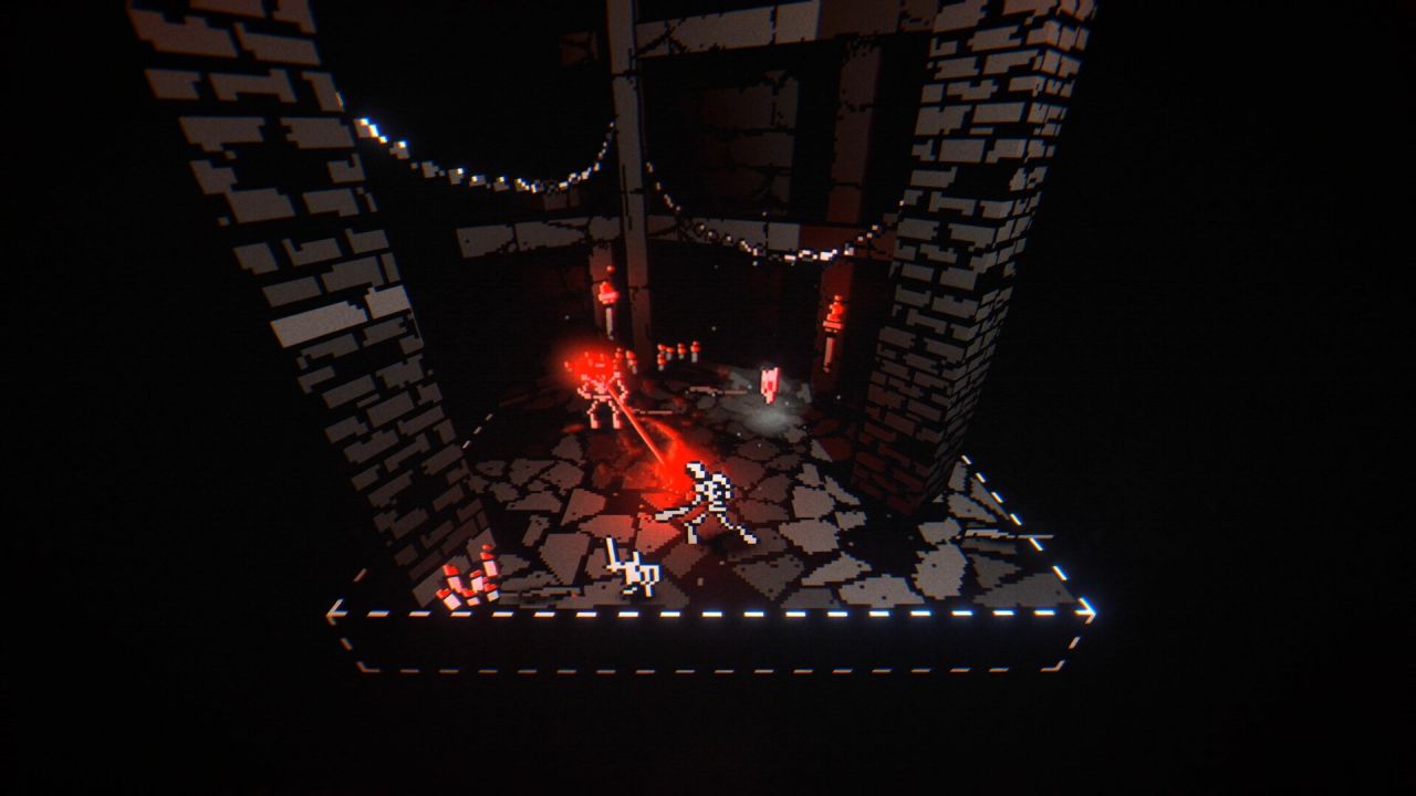 imagen de bleak sword dx del personaje principal viendo a dos esqueletos pelear entre sí mientras todos se paran dentro de una mazmorra de piedra 