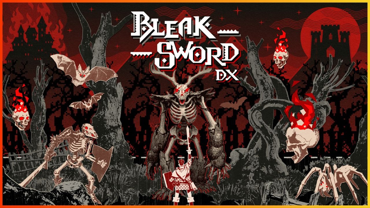 feature image for our bleak sword DX review, the image features official promo art for the game of the main character holding their weapon up towards a large looming skeleton, the character is also surrounded by flying bats, a spider, and other skeletons as they stand by trees, with two castles in the distance