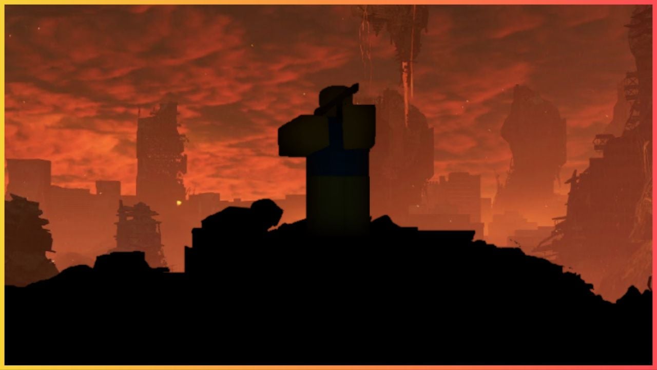 feature image for our bloodtide secret codes guide, the image features a silhouette of a roblox character holding a gun as they stand on a hill of debris, there are broken buildings in the distance as well as flames and an extremely smokey and cloudy sky