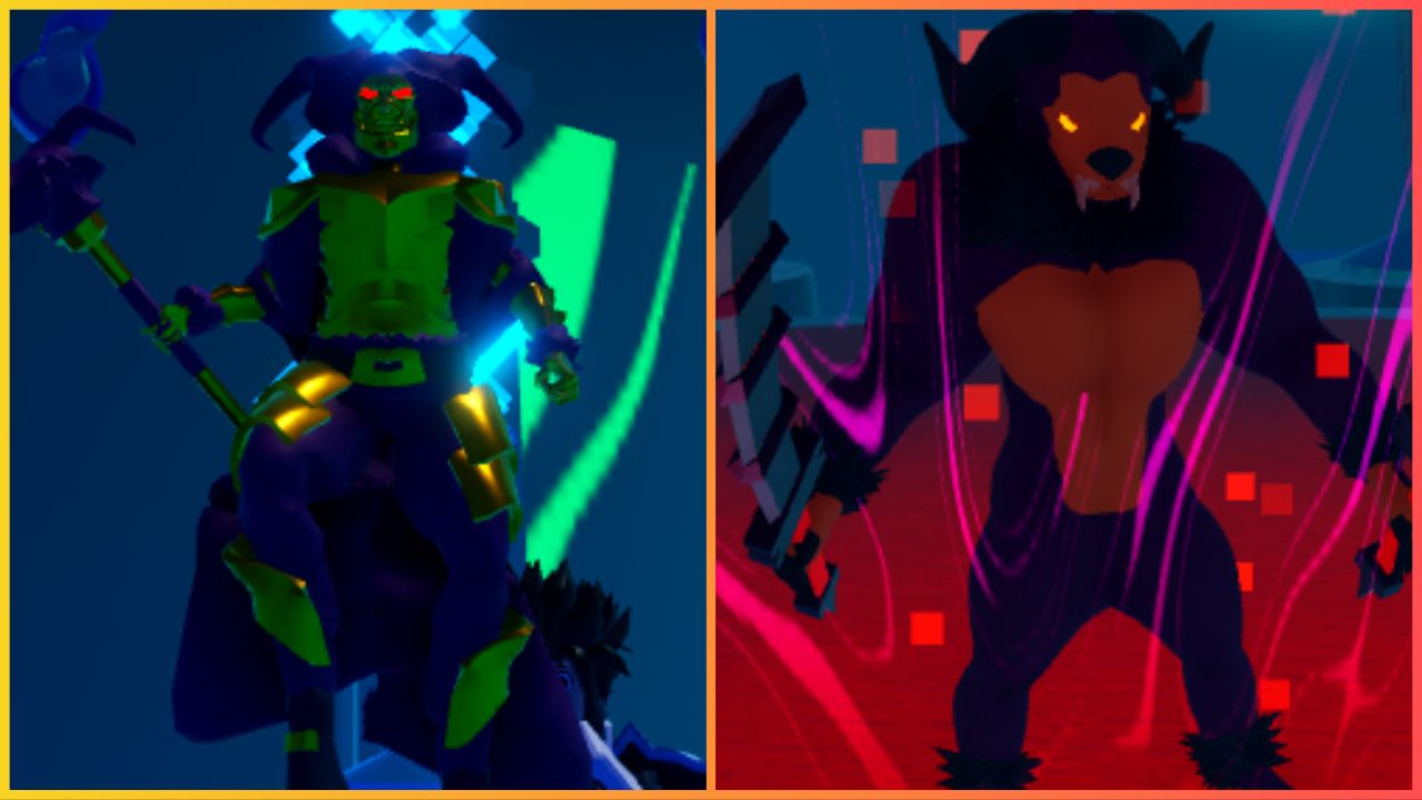 feature image for our blue heater boss guide, the image features screenshots of two bosses from the game, with one being an evil jester called the mad jester with red glowing eyes holding a staff, there is also a screenshot of muarice, a werewolf boss with glowing eyes and sharp claws as it holds a sword
