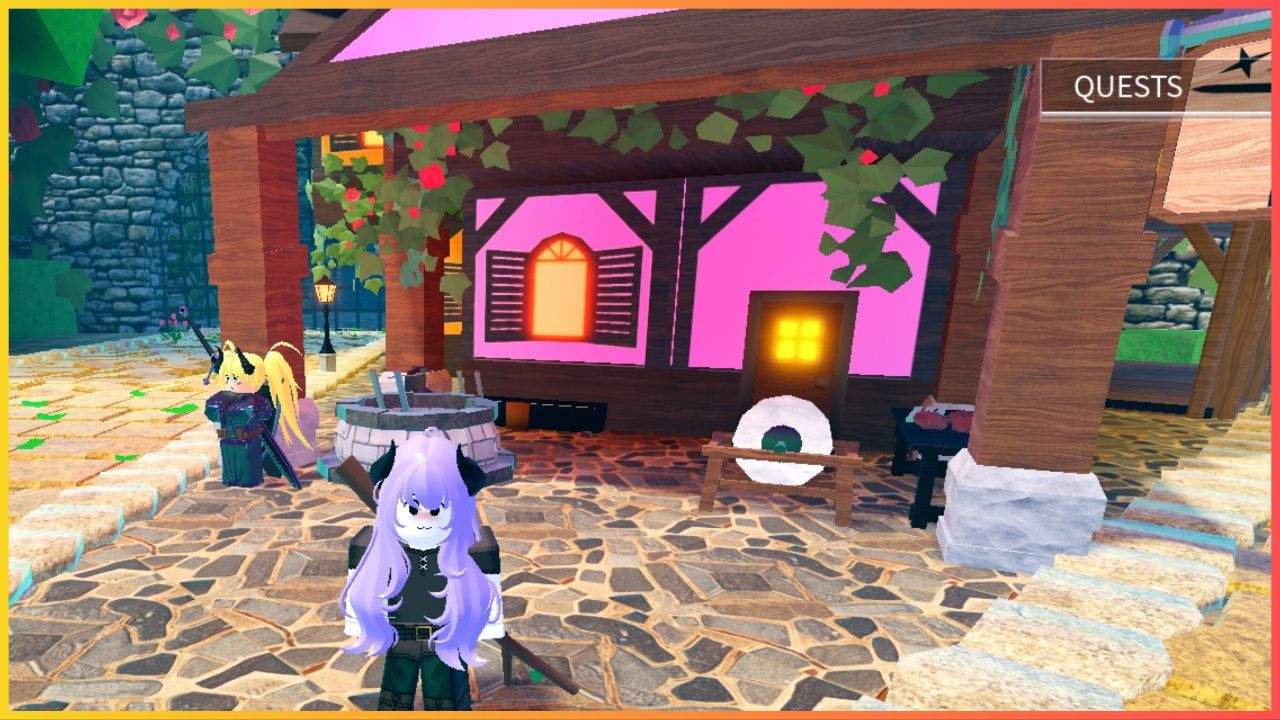 feature image for our blue heater drops guide, the image features a screenshot from the main town hub in the game, as the character stands by the blacksmith of the town, with blacksmithing tools and plants on the wooden beams of the building, there is another character leaning against one of the wooden pillars with a sword on their back and arms folded
