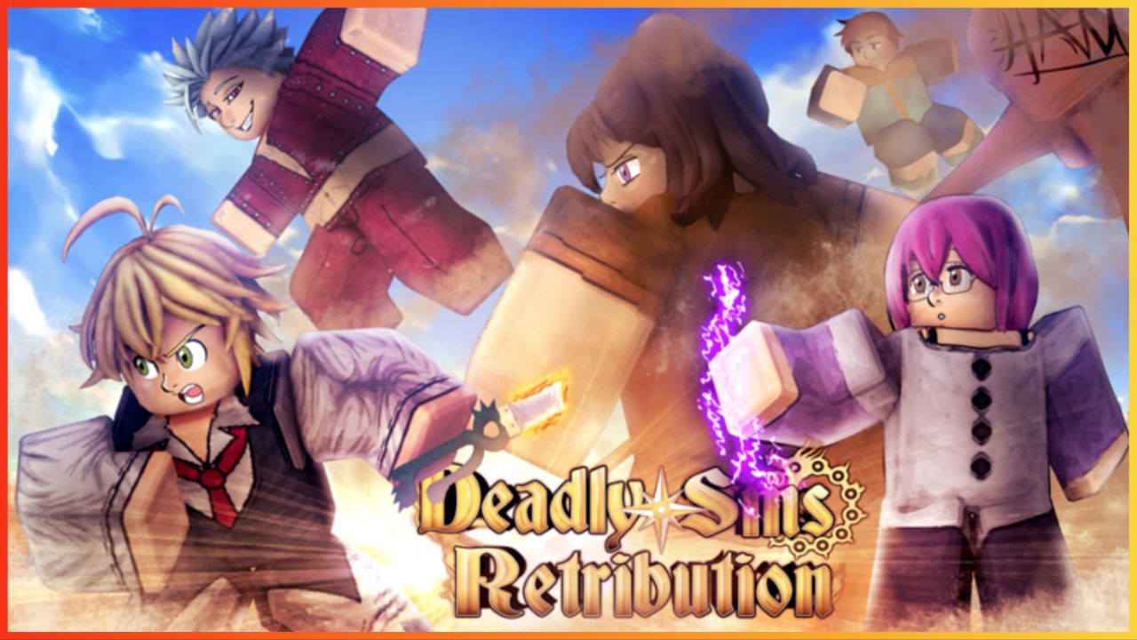 feature image for our deadly sins retribution race tier list, the image features official promo art for the game of roblox versions of characters from the seven deadly sins series, one is holding a weapon while shouting, and one is wielding electricity from her hands