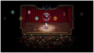 image of gloria from decarnation performing cabaret on stage as she kicks her leg up, she has an audience watching her as the curtains behind her are closed, this scene is a rhythm game, with button prompts on the screen for the player to press in time with the music