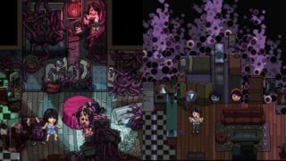 the image features two screenshots from the game of the main character gloria in her apartment, there is a monster in her apartment as she looks scared, with a shrine of photos of herself in the background, there are tentacles bursting through the floor and walls, there is also a screenshto of gloria standing in her apartment while taking part in a rhythm game as floating eyeballs and bubbles surround her above, her face is warped and stretched out