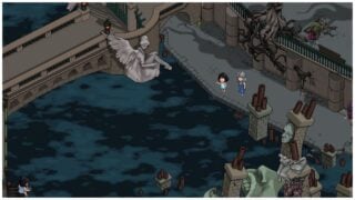 screenshot of a scene from decarnation of gloria standing with an old lady as they overlook the water that surrounds them, there is a stone bridge, and building debris with chimneys submerged in the water, there is also an overgrown tree with roots growing down the wall behind gloria