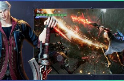 feature image for our devil may cry: peak of combat codes, the image features a screenshot of combat with nero against demons, as well as promo art of nero standing as he holds a sword, with one hand being a claw