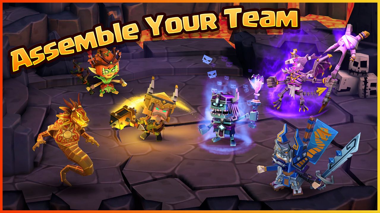 feature image for our dungeon boss: respawned tier list, the image features heroes taking part in battle against each other as they stand in a dungeon by a pool of lava, there is text at the top of the image that reads "assemble your team"
