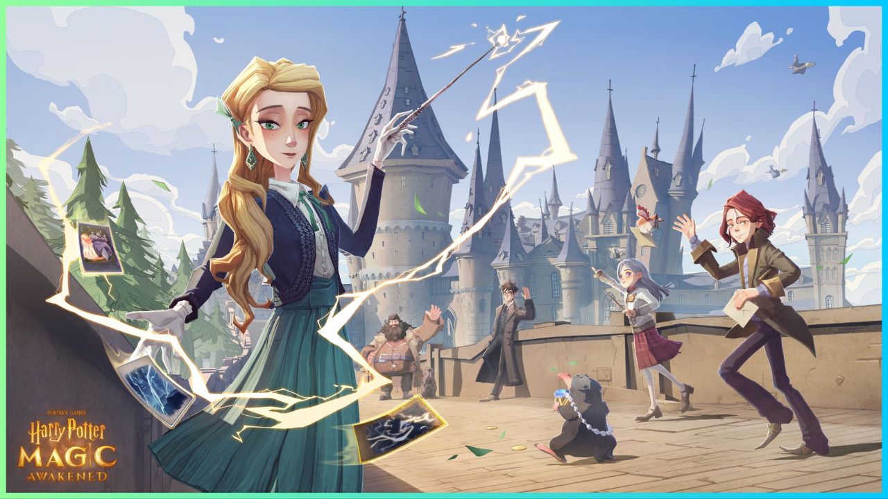 feature image for our harry potter: magic awakened legendary cards guide, the image features promo art for the game of hogwarts students walking together with hogwarts in the distance, all characters are waving, including harry potter and hagrid, the girl at the front is wielding her wand while it sparks as cards float around her