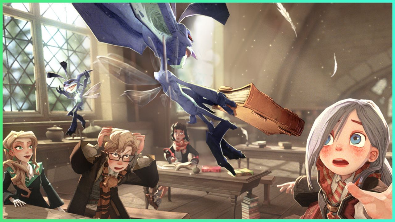 feature image for our harry potter: magic awakened potions, the image features promo art for the game of hogwarts students sat in a classroom while flying creatures taunt them, there is a creature holding a book while flying as a student tries to grab it, there is also a student clutching their head in fear while 2 other students watch