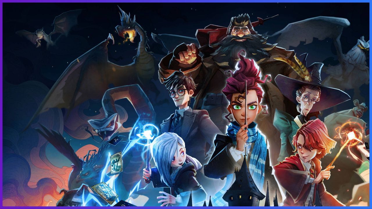 feature image for our harry potter: magic awakened reroll, the image features official promo art for the game of some of the characters standing together in a collage, some of them are holding their wands, some of them are smiling, harry potter and hagrid are there, as well as a snake, multiple dragons, and a large bird in the background