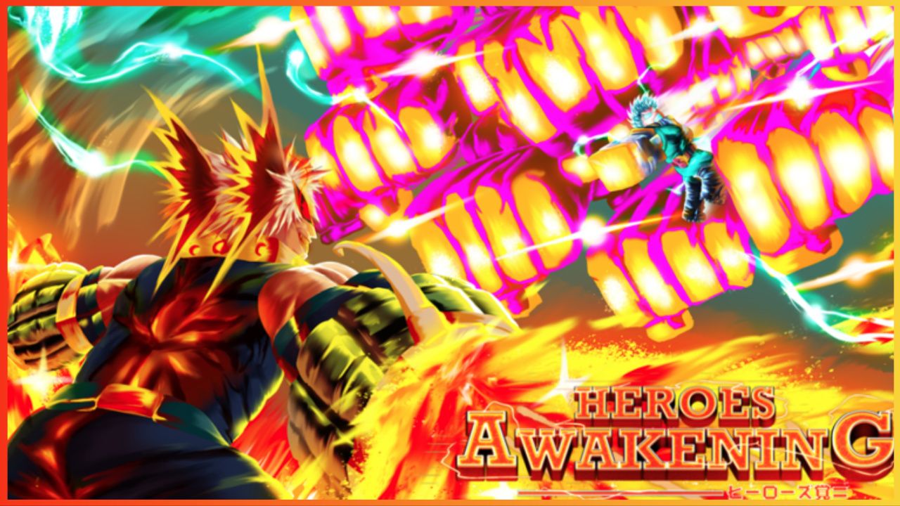 feature image for our heroes awakening quirk tier list, the image features promo art for the game of roblox versions of my hero academia characters taking part in a battle against each other while surrounded by flames and electricity, with multiple large fists surrounding deku