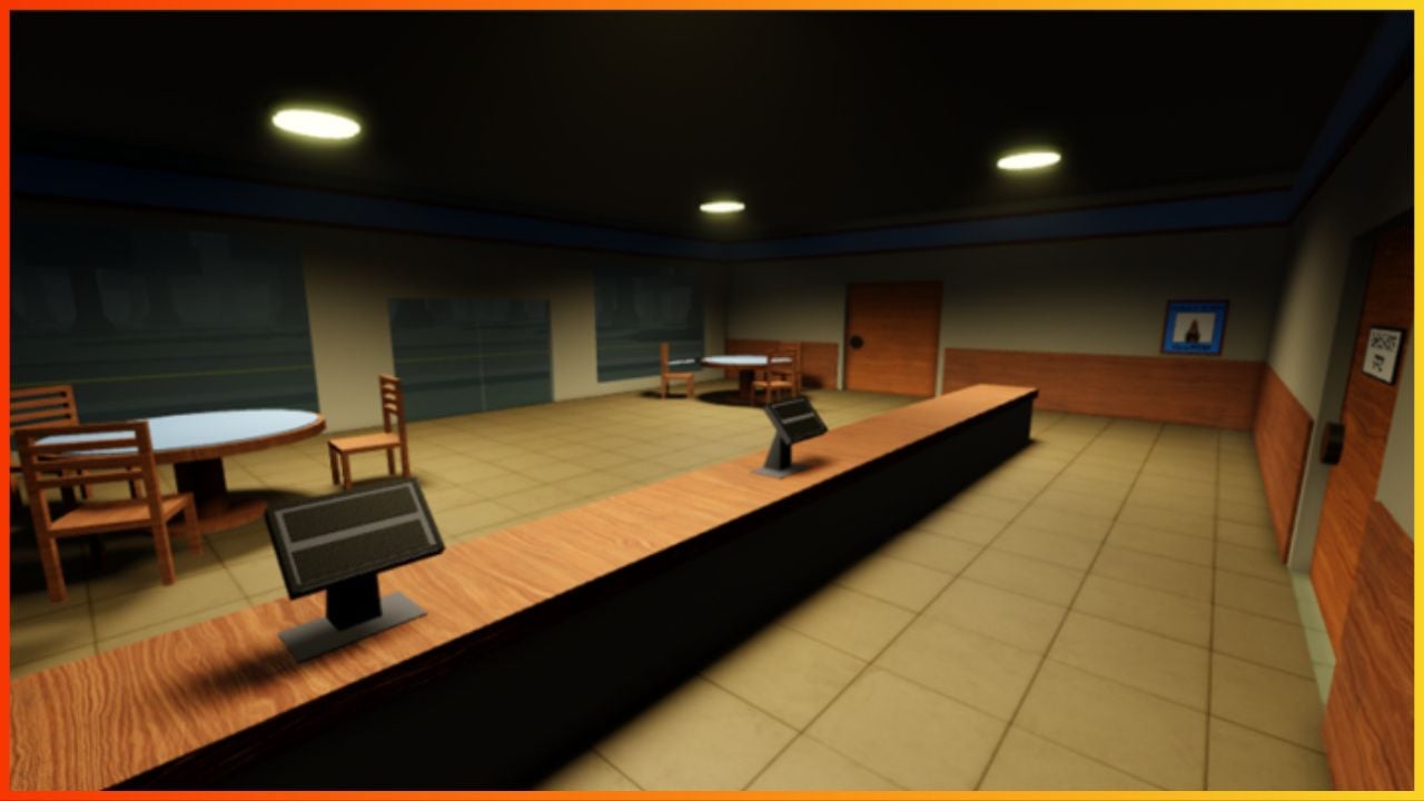 feature image for our how to beat the night shift experience guide, the image features a promo screenshot of the inside of the sad burger restaurant, the screenshot features the main restaurant area with tables and chairs, and the counter with the order machines