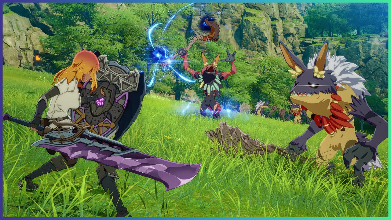 feature image for our how to get a mount in blue protocol guide, the image features a promo screenshot for the game of a character holding a large sword while using her shield to block enemy attacks from the creatures that are surrounding her, one creature is holding up a staff, they are stood on grass with trees and rocks behind them