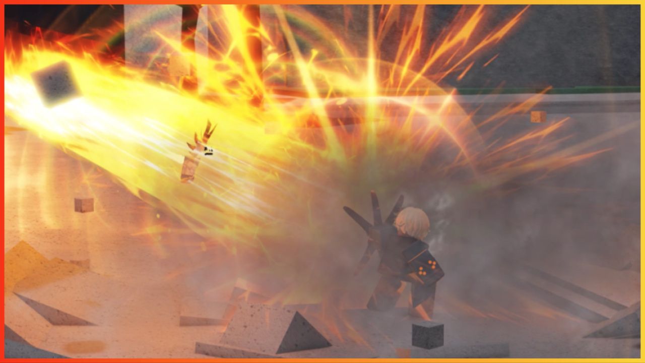 feature image for our how to get emotes in the strongest battlegrounds guide, the image features a screenshot of gameplay of a roblox character casting a fire beam ability towards their foe as they fly into the air