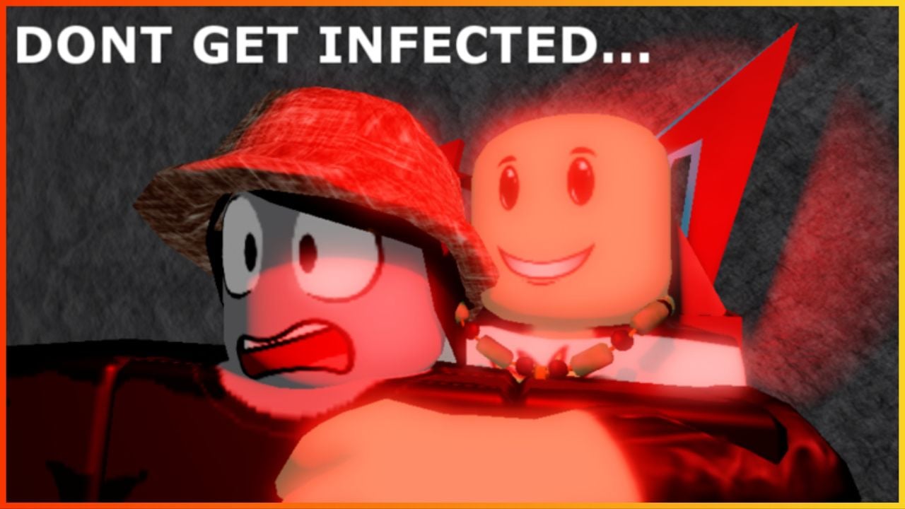 feature image for our infectious smile safe code guide, the image features a roblox character with a scared expression on their face as they scream, with a creepy roblox character grabbing their shoulders with a wide smile on their face, there is also text that reads "don't get infected"